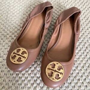 Tory Burch Chelsea Ballet Scrunch Back Nappa Leather Low Heel Shoes Royal Tan 8